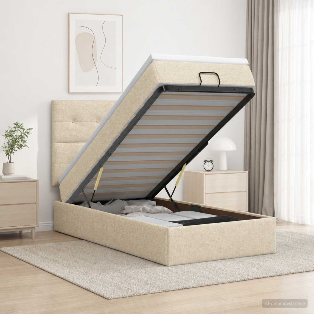 vidaXL Cama otomana con colchón con cabecera Crema 90 x 200 cm Tela