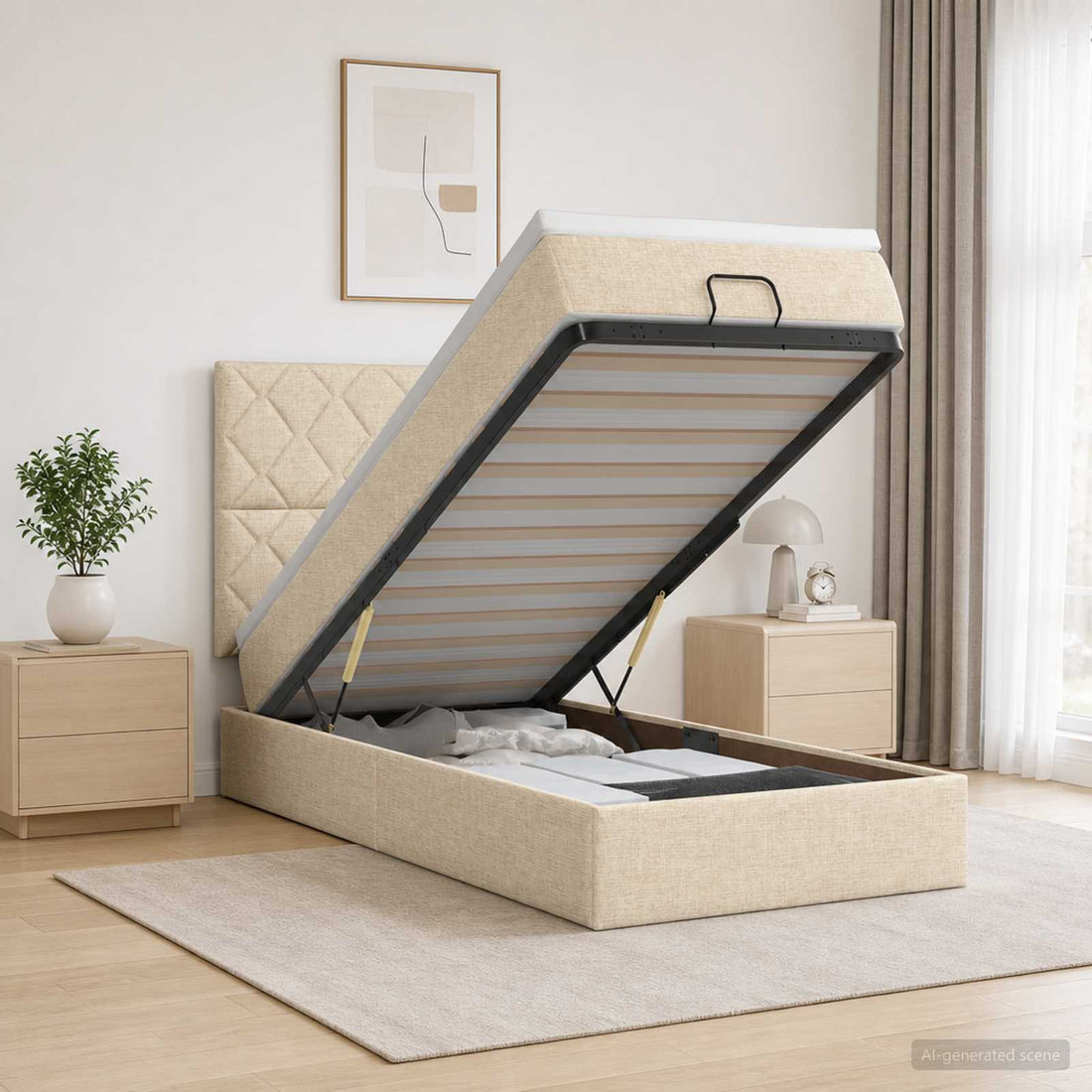 vidaXL Cama otomana con colchón con cabecera Crema 90 x 200 cm Tela