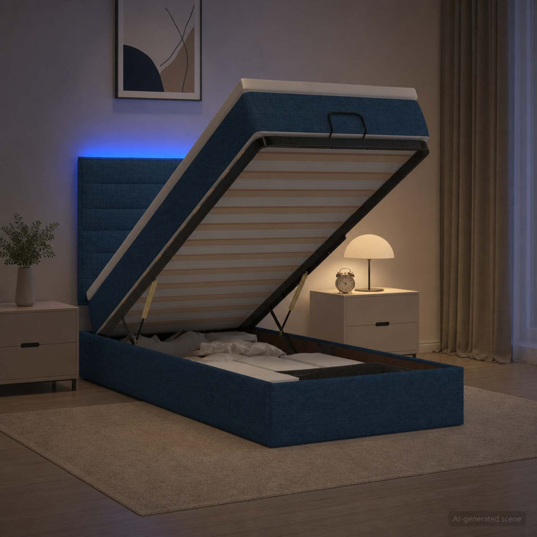 vidaXL Cama tipo otomana con colchón y LED Azul 90 x 200 cm Tela