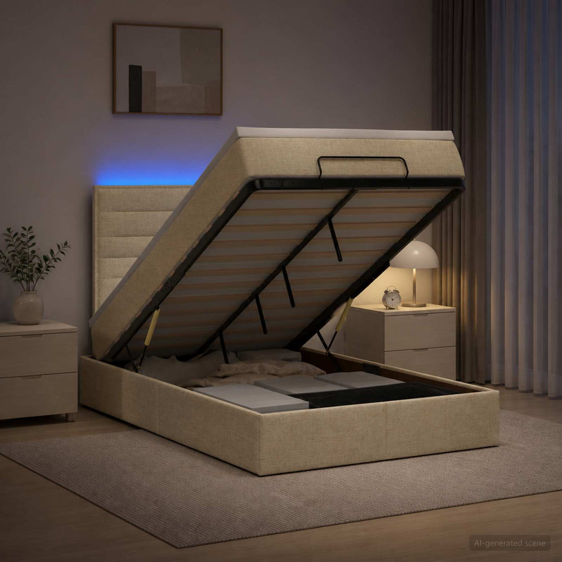 vidaXL Cama tipo otomana con colchón y LED Crema 120 x 190 cm Tela