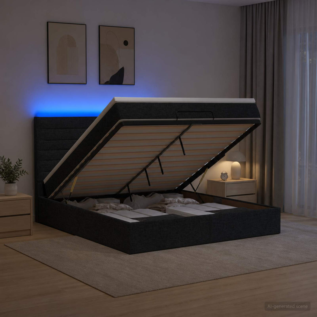 vidaXL Cama tipo otomana con colchón y LED Negro 160 x 200 cm Tela