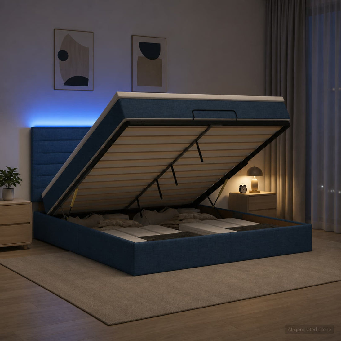 vidaXL Cama tipo otomana con colchón y LED Azul 180 x 200 cm Tela