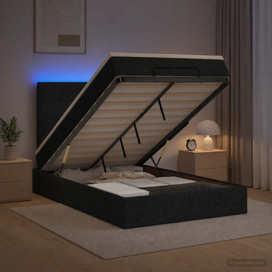 vidaXL Cama tipo otomana con colchón y LED Negro 120 x 190 cm Tela
