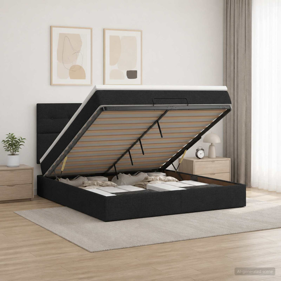vidaXL Cama otomana con colchón con cabecera Negro 180 x 200 cm Tela