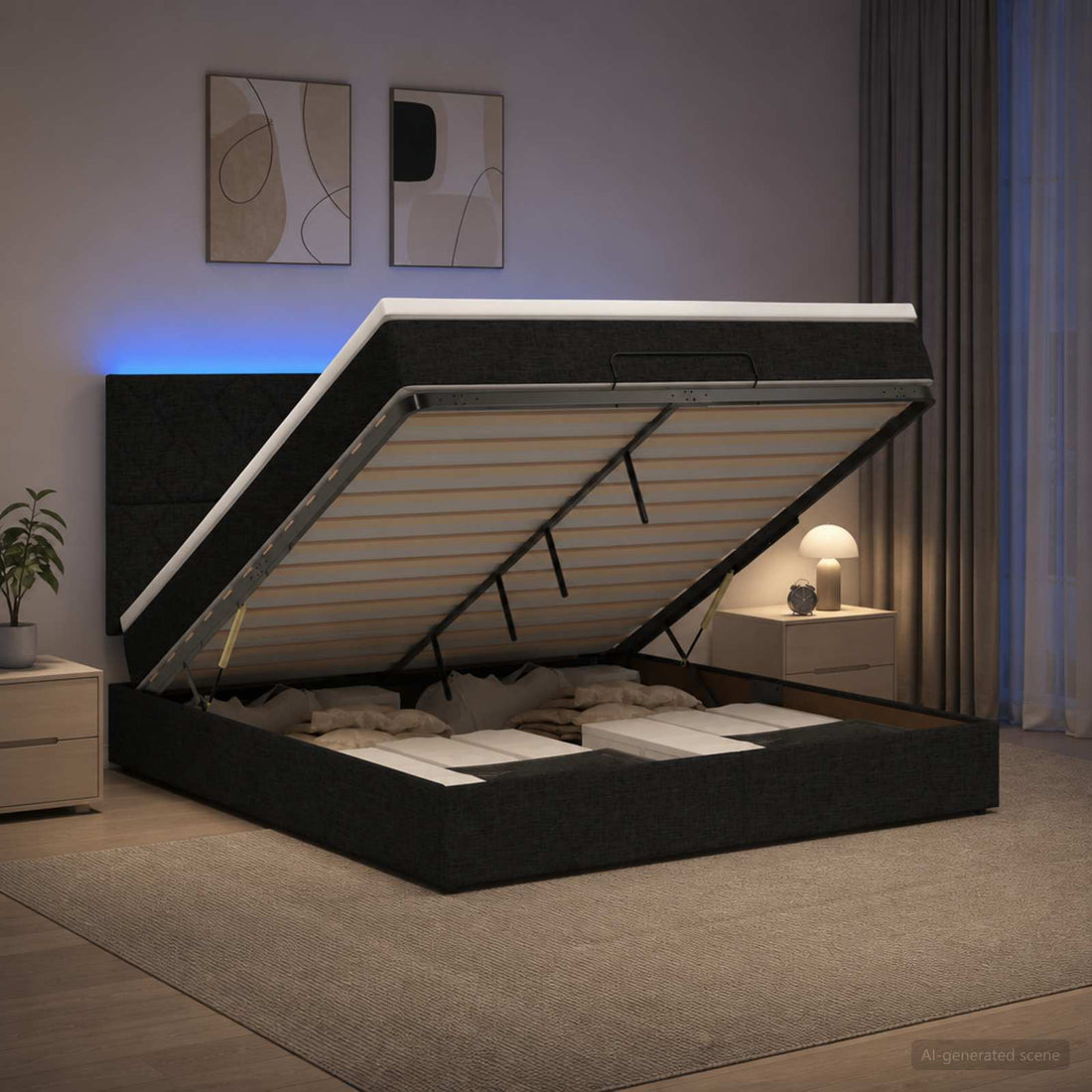 vidaXL Cama tipo otomana con colchón y LED Negro 180 x 200 cm Tela