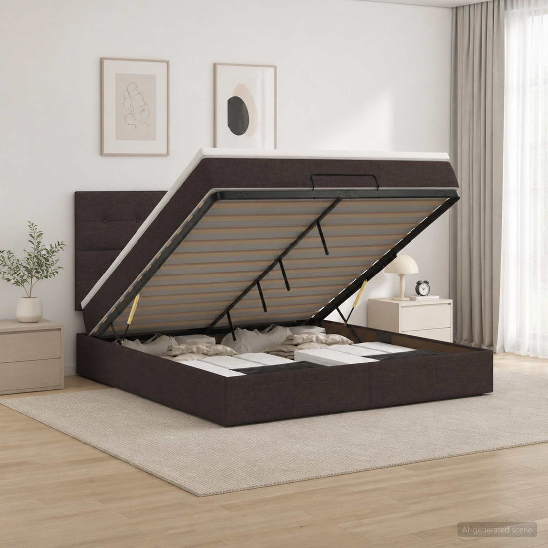 vidaXL Cama tipo otomana con colchón y LED Marrón Oscuro 140 x 200 cm