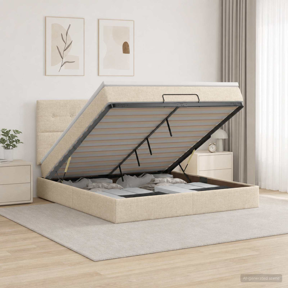 vidaXL Cama otomana con colchón con cabecera Crema 140 x 190 cm Tela