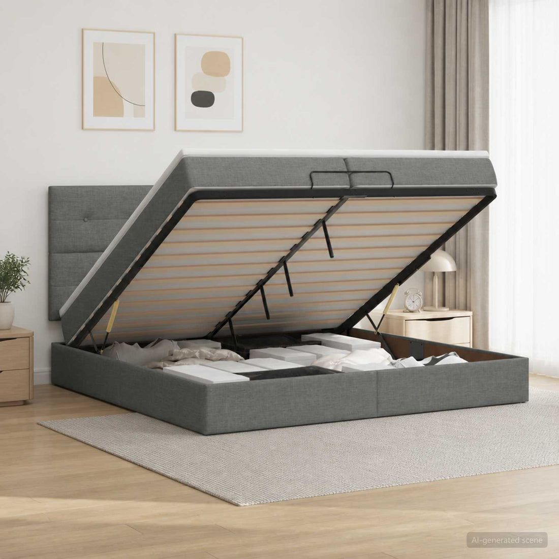 vidaXL Cama otomana con colchón Gris oscuro 200 x 200 cm Tela