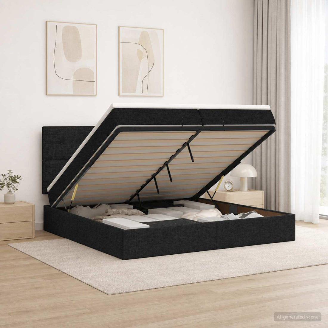 vidaXL Cama otomana con colchón con cabecera Negro 200 x 200 cm Tela