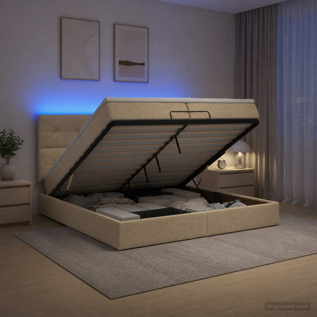 vidaXL Cama tipo otomana con colchón y LED Crema 200 x 200 cm Tela