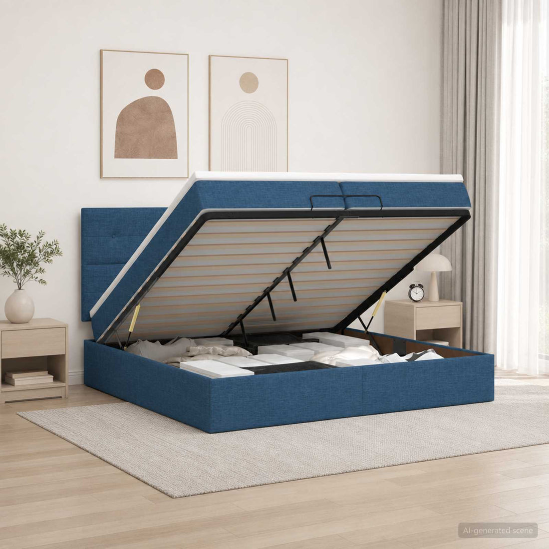 vidaXL Cama otomana con colchón con cabecera Azul 200 x 200 cm Tela