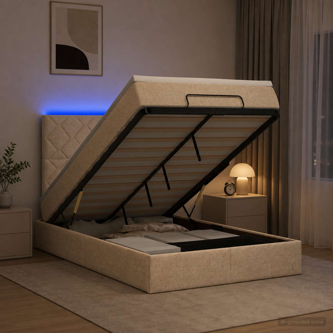 vidaXL Cama tipo otomana con colchón y LED Crema 120 x 190 cm Tela