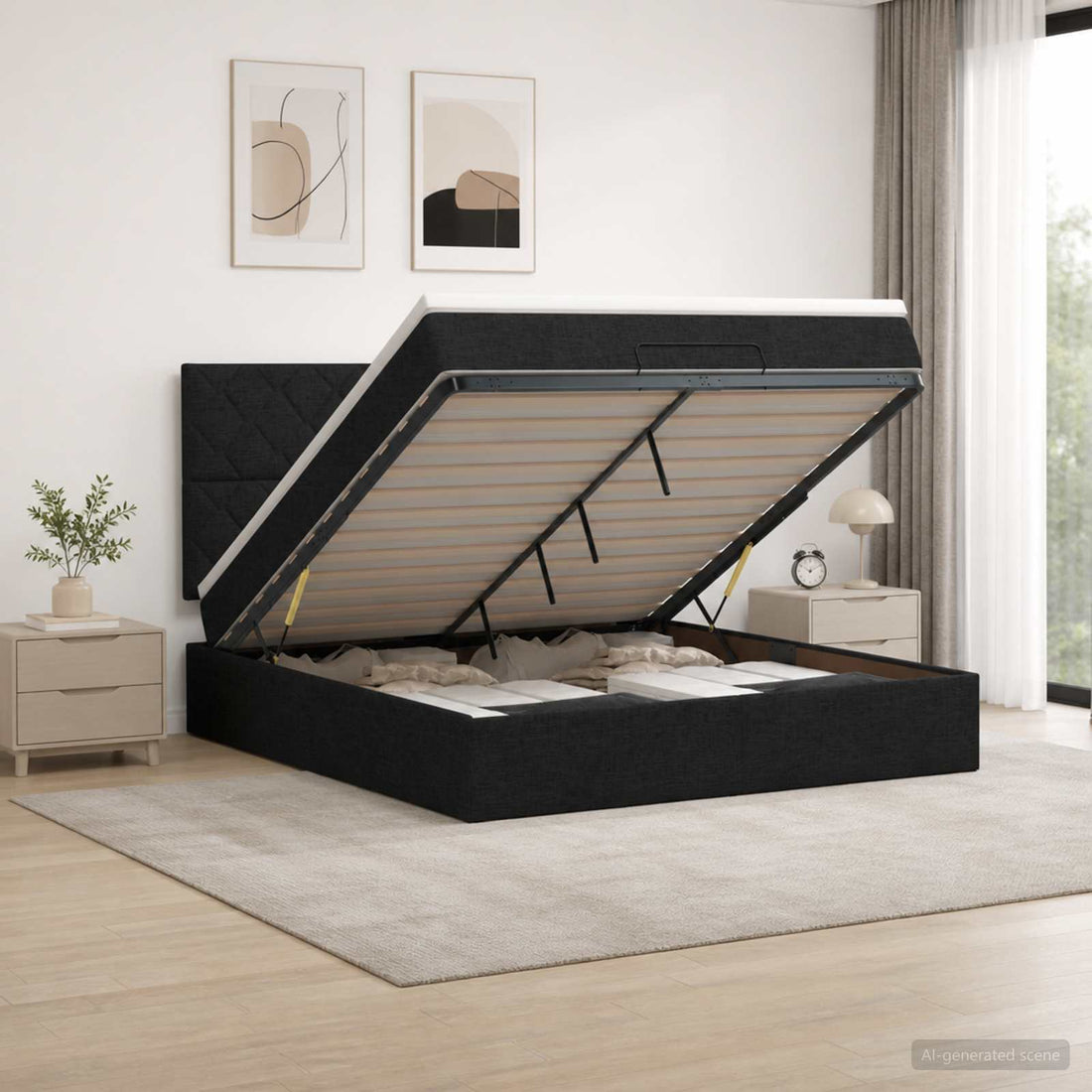 vidaXL Cama otomana con colchón con cabecera Negro 140 x 200 cm Tela