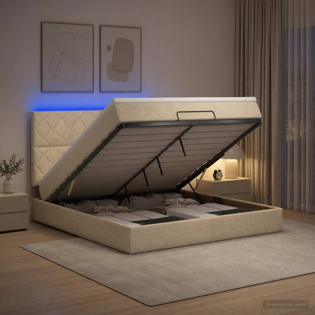 vidaXL Cama tipo otomana con colchón y LED Crema 180 x 200 cm Tela