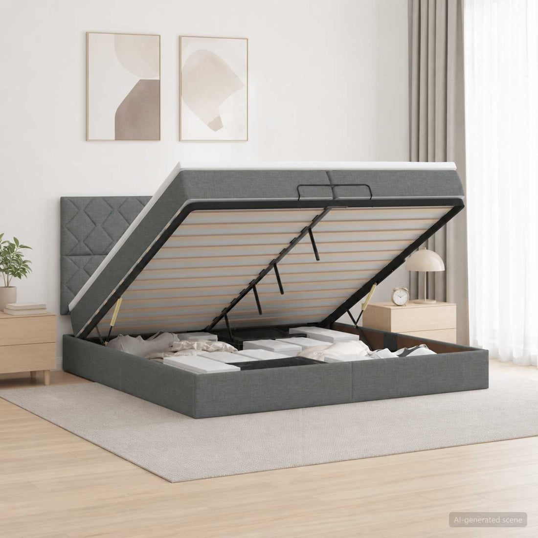 vidaXL Cama otomana con colchón Gris oscuro 200 x 200 cm Tela