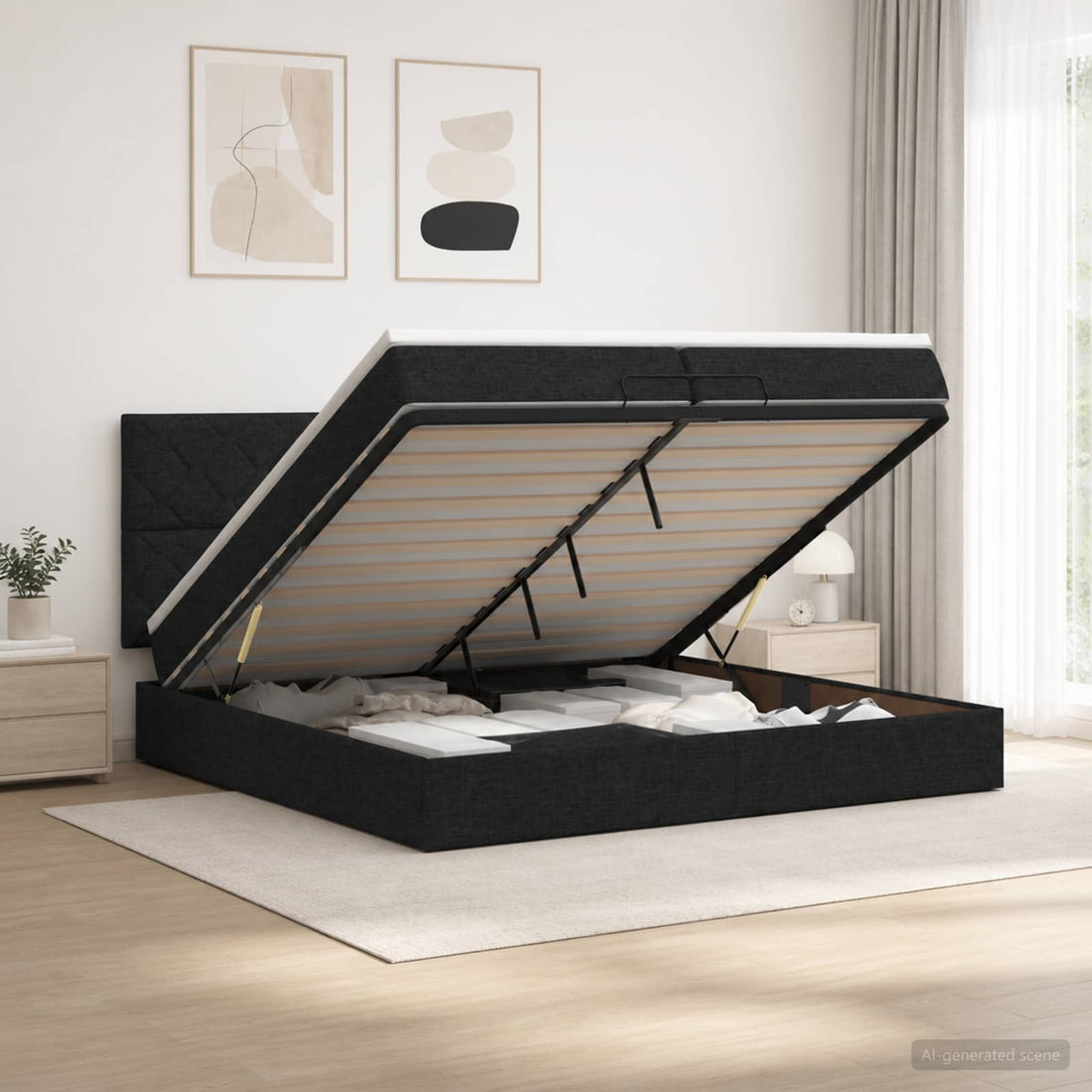 vidaXL Cama otomana con colchón con cabecera Negro 200 x 200 cm Tela