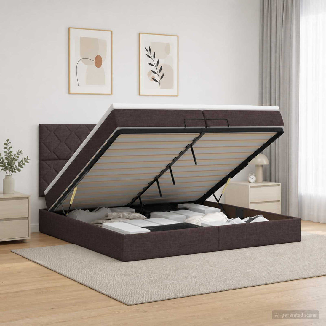 vidaXL Cama otomana con colchón Marrón Oscuro 200 x 200 cm Tela