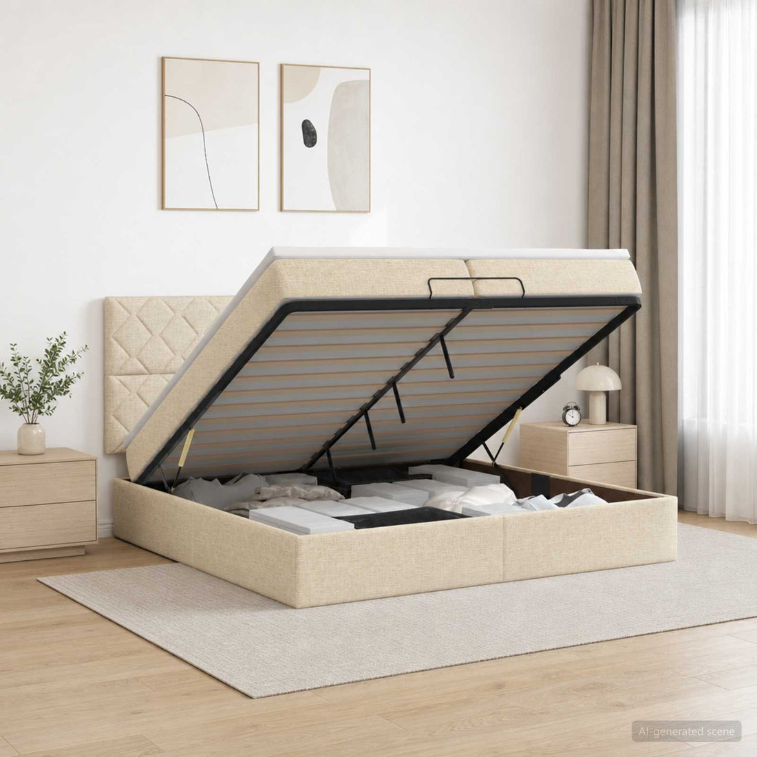 vidaXL Cama otomana con colchón con cabecera Crema 200 x 200 cm Tela