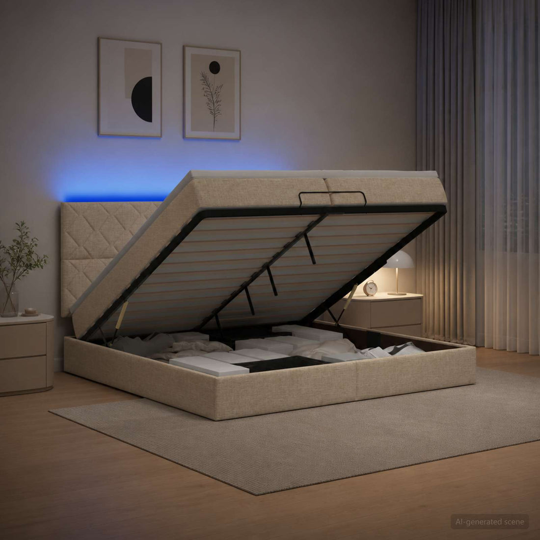 vidaXL Cama tipo otomana con colchón y LED Crema 200 x 200 cm Tela