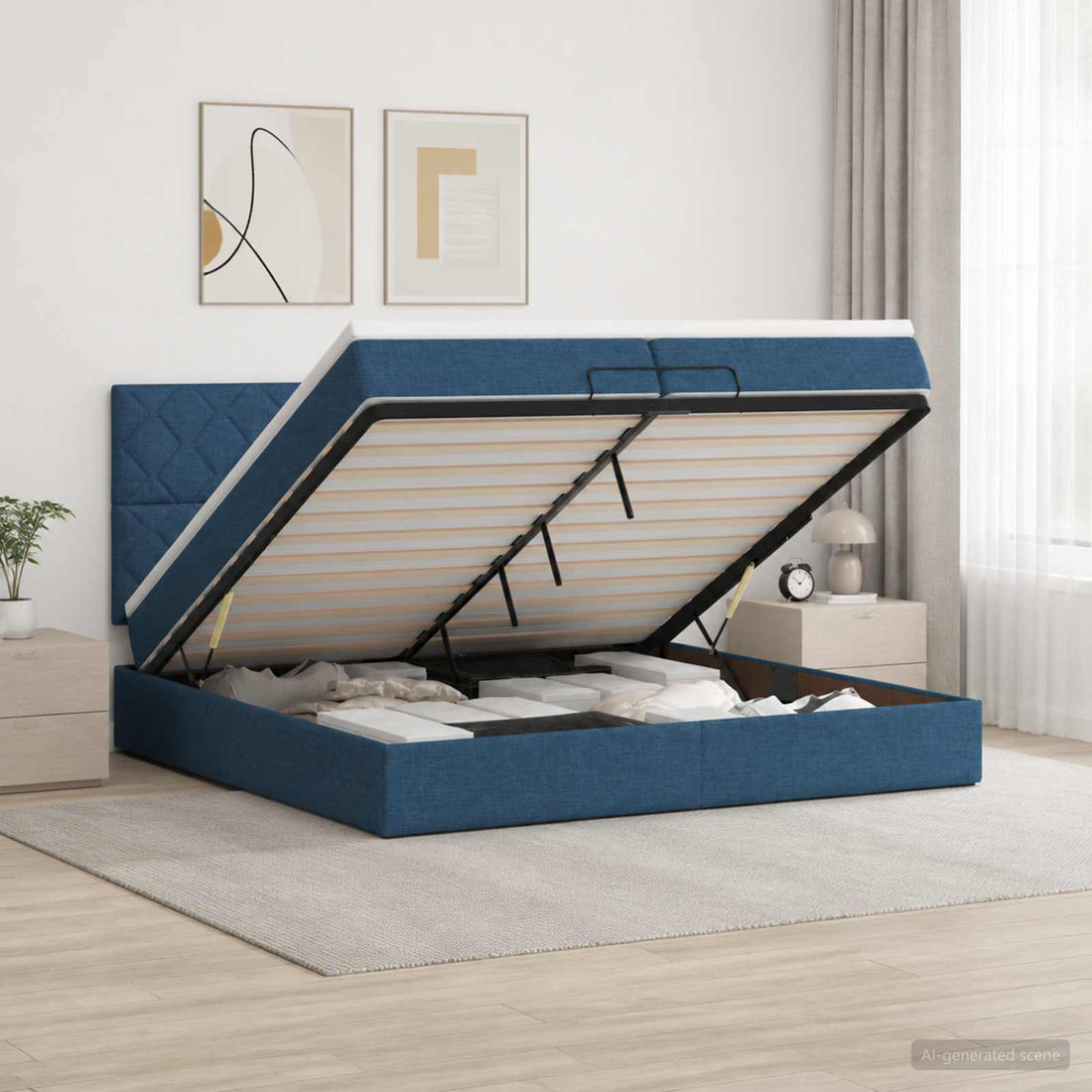 vidaXL Cama tipo otomana con colchón y LED Azul 200 x 200 cm Tela