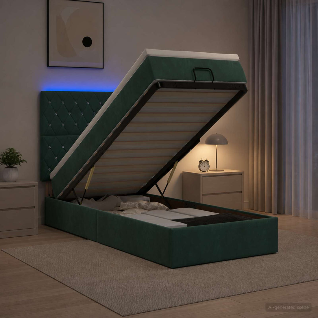 vidaXL Cama tipo otomana con colchón y LED Verde oscuro 90 x 190 cm