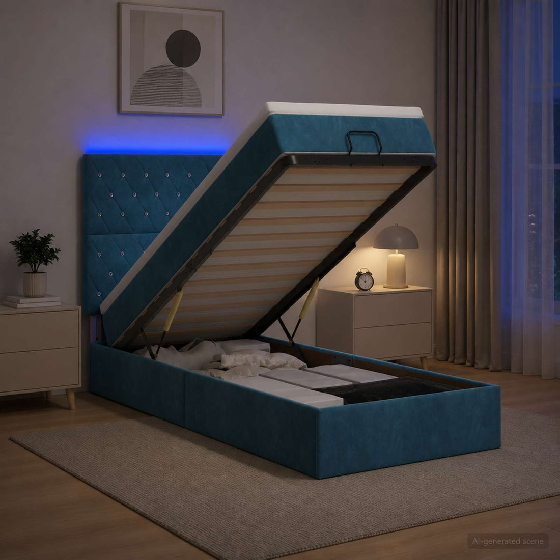 vidaXL Cama tipo otomana con colchón y LED Azul oscuro 90 x 190 cm
