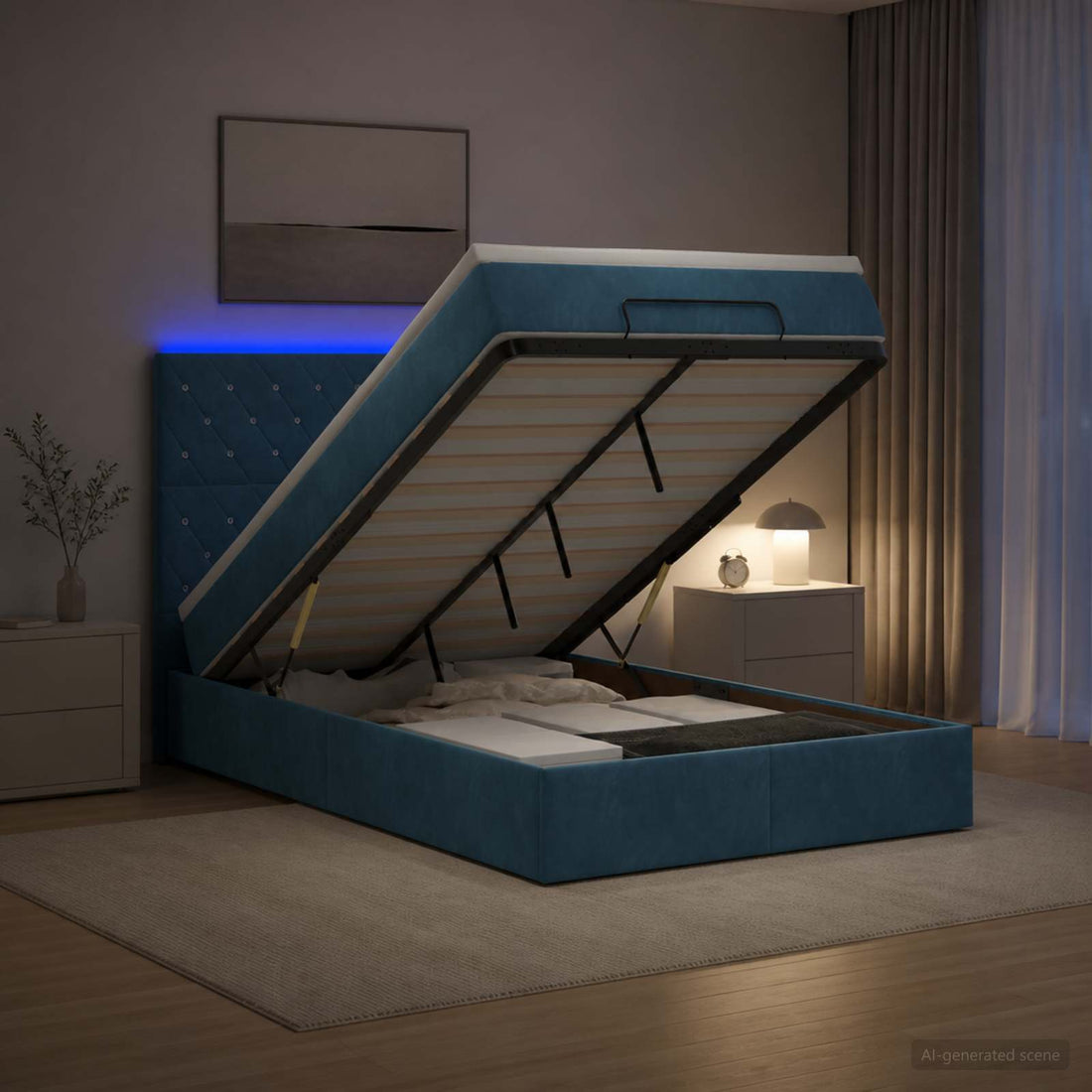 vidaXL Cama tipo otomana con colchón y LED Azul oscuro 120 x 190 cm