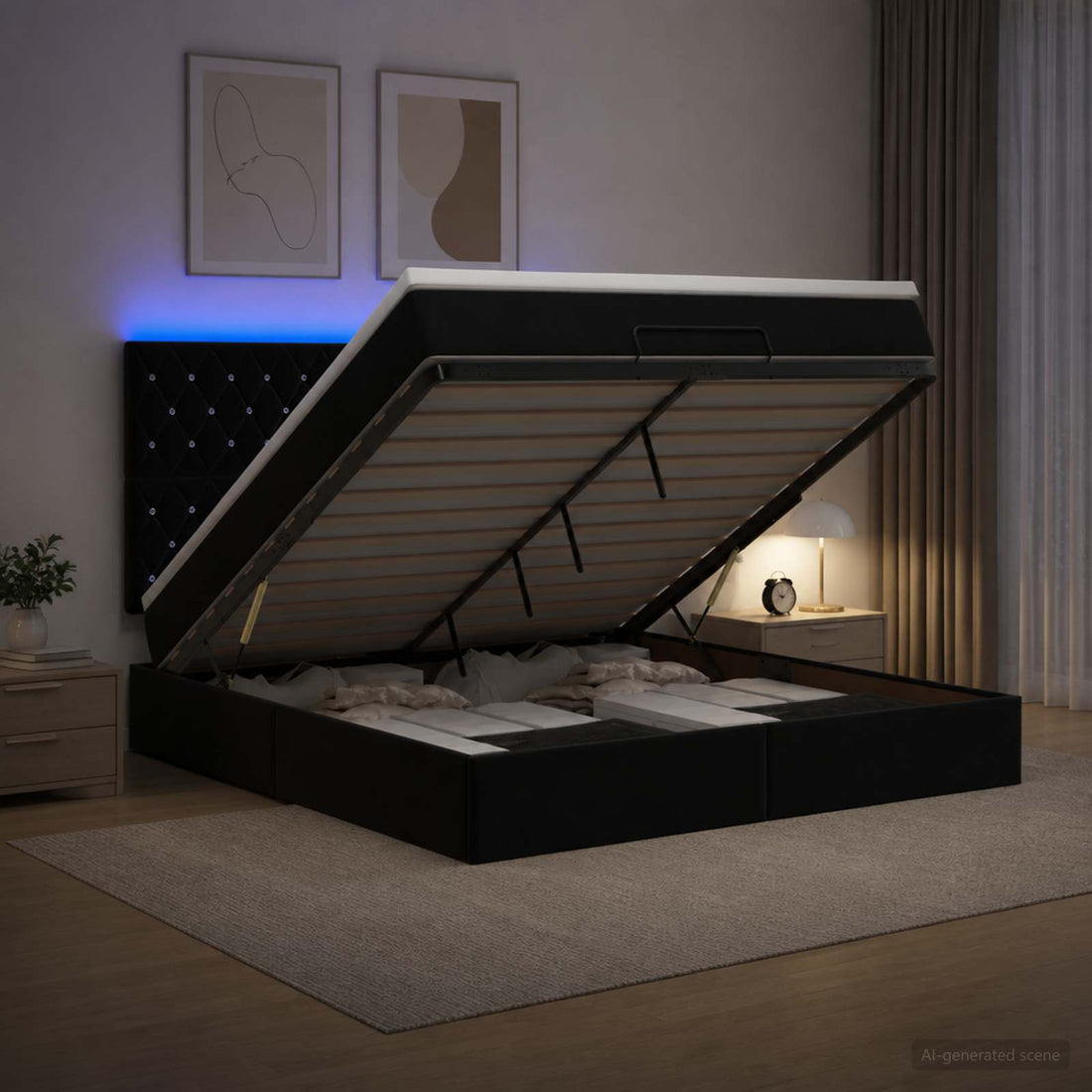 vidaXL Cama tipo otomana con colchón y LED Negro 160 x 200 cm