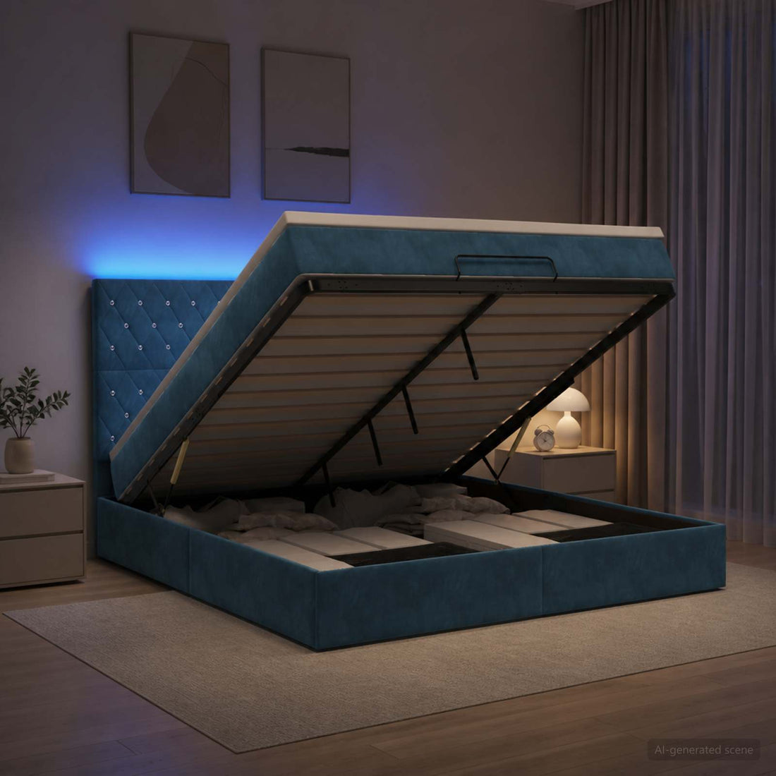 vidaXL Cama tipo otomana con colchón y LED Azul oscuro 140 x 200 cm