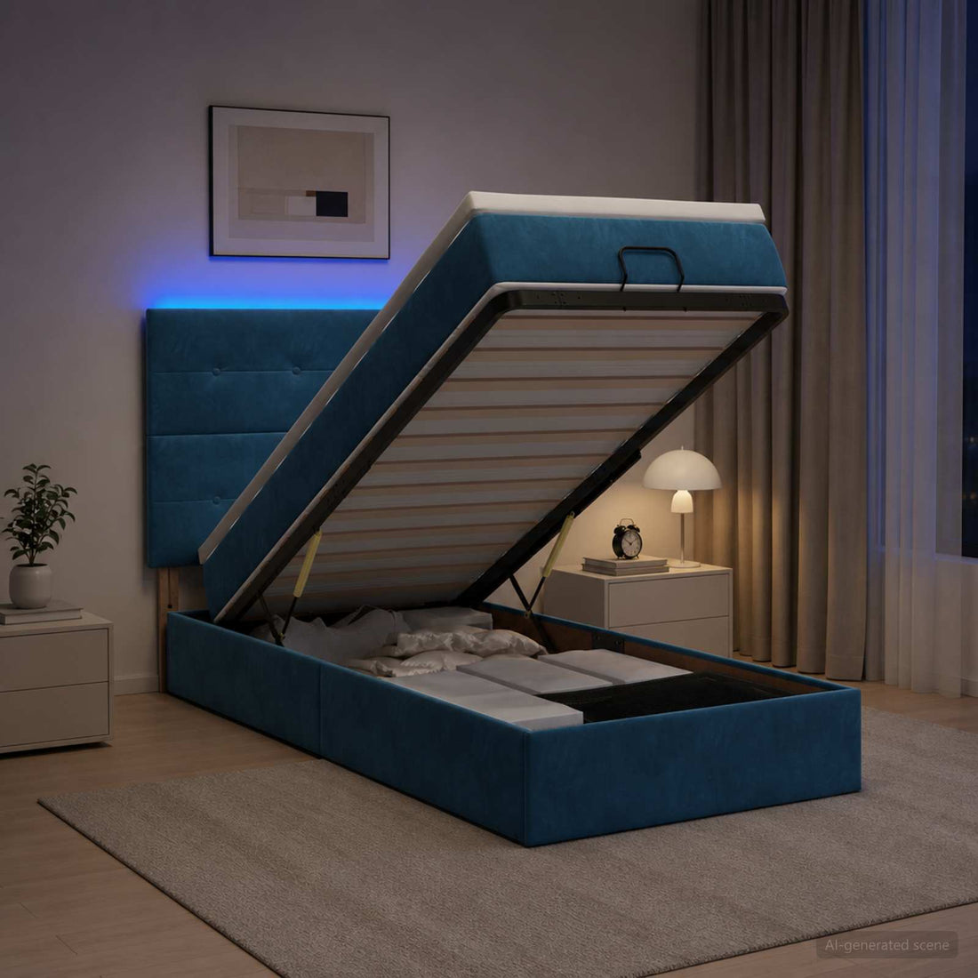 vidaXL Cama tipo otomana con colchón y LED Azul oscuro 90 x 190 cm
