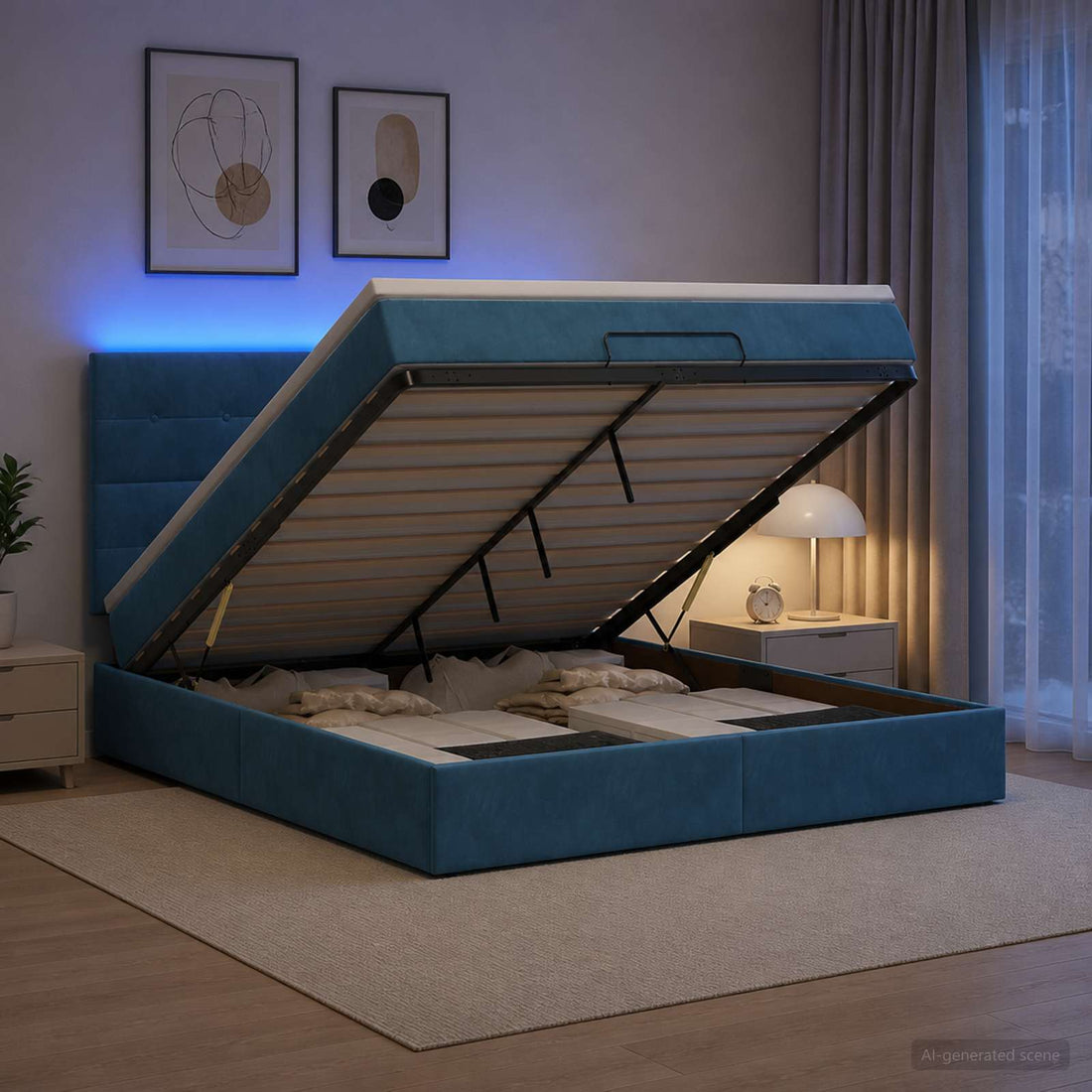 vidaXL Cama tipo otomana con colchón y LED Azul oscuro 160 x 200 cm