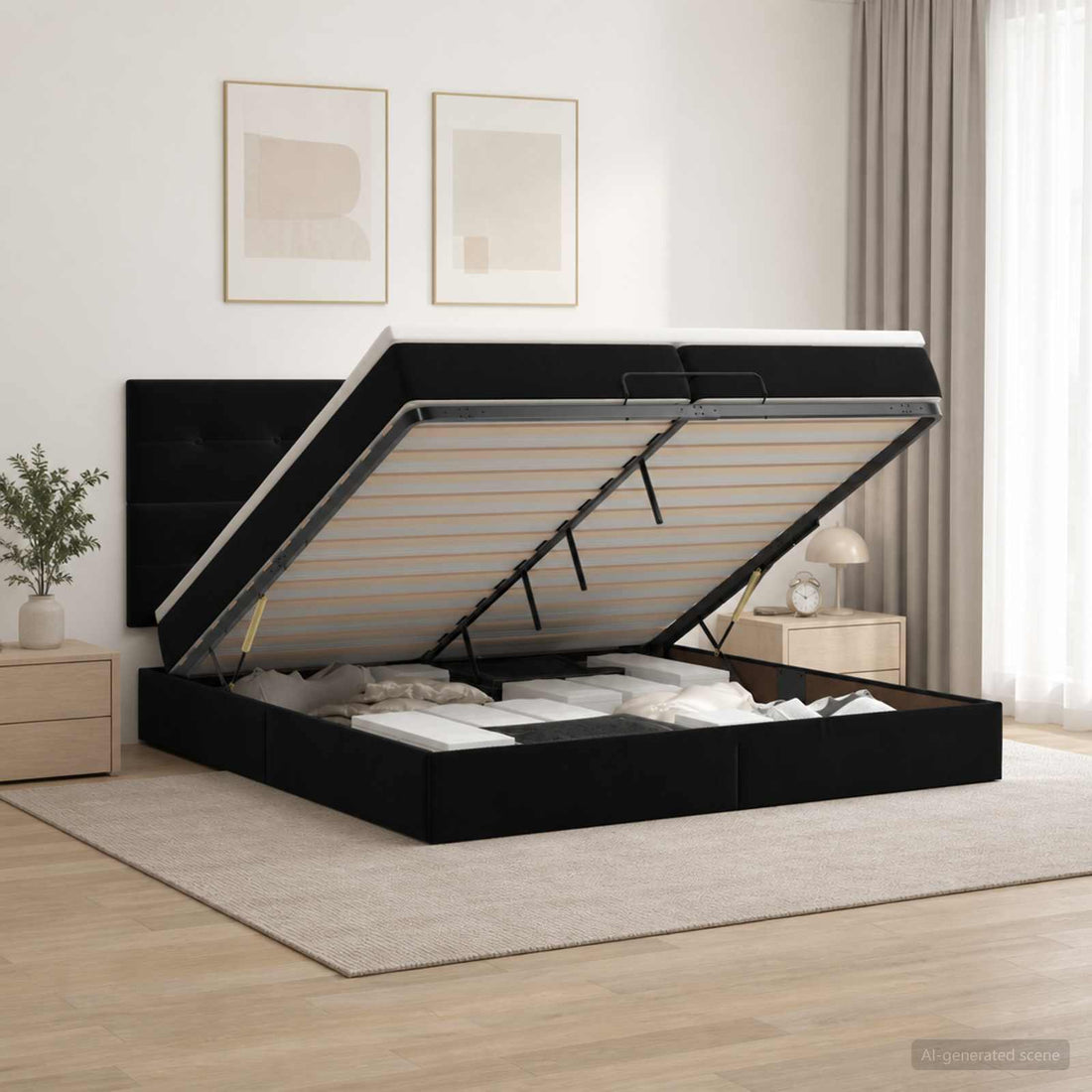 vidaXL Cama otomana con colchón Negro 200 x 200 cm Terciopelo