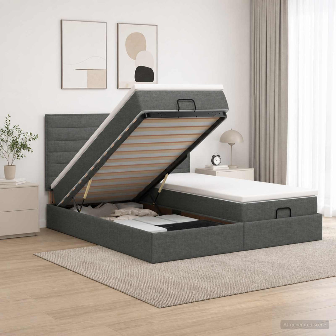 vidaXL Cama otomana con colchón con cabecera 2 uds. Gris oscuro Tela