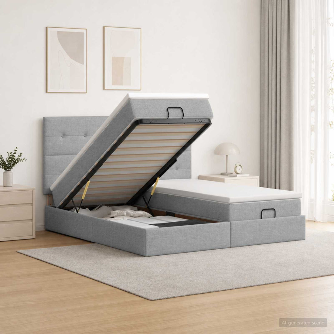 vidaXL Cama otomana con colchón con cabecera 2 uds. Gris Claro Tela