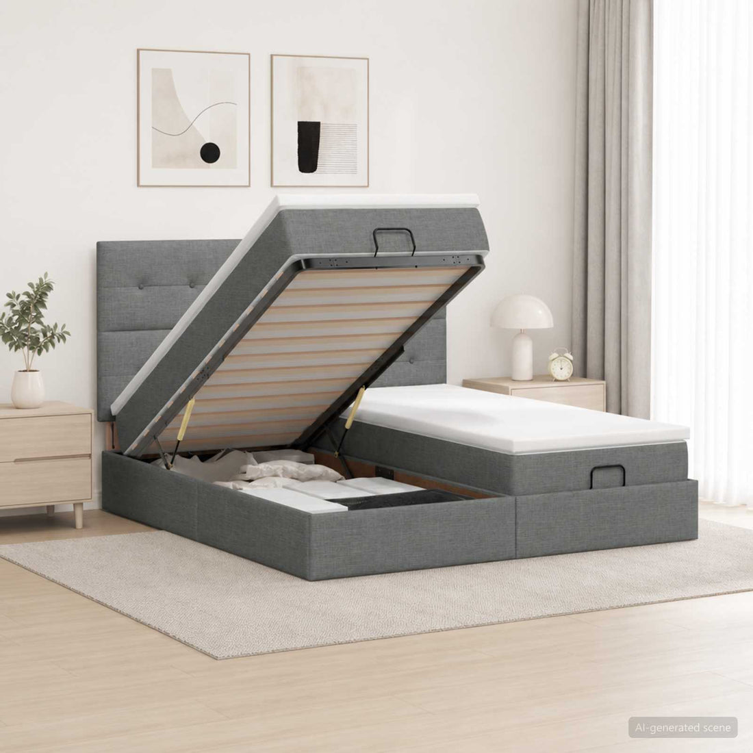 vidaXL Cama otomana con colchón con cabecera 2 uds. Gris oscuro Tela