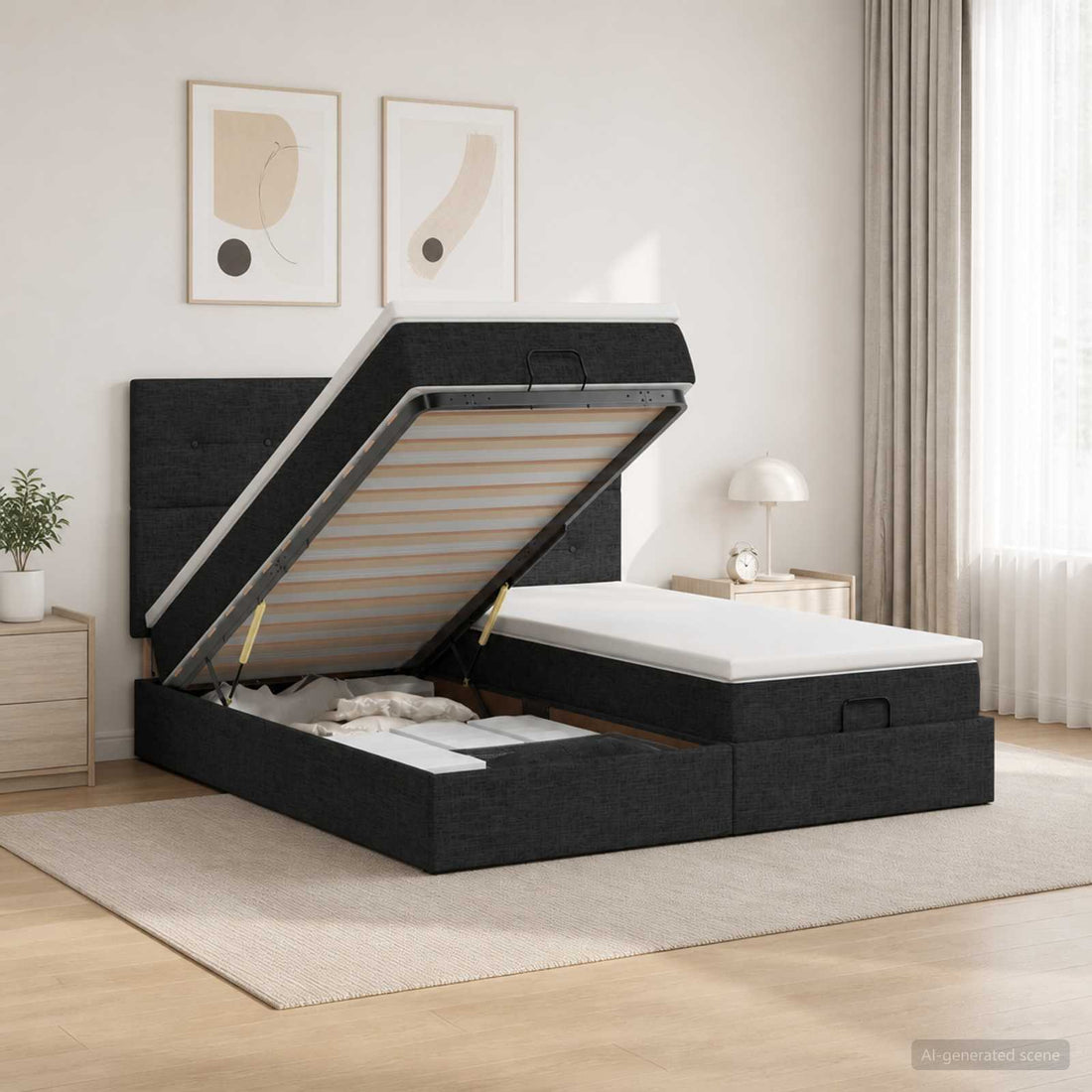 vidaXL Cama otomana con colchón con cabecera 2 uds. Negro Tela
