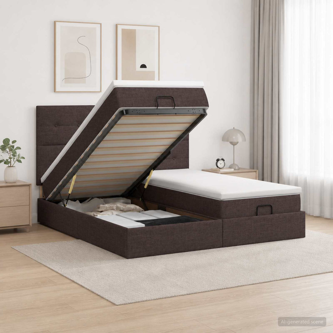 vidaXL Cama otomana con colchón con cabecera 2 uds. Marrón Oscuro Tela