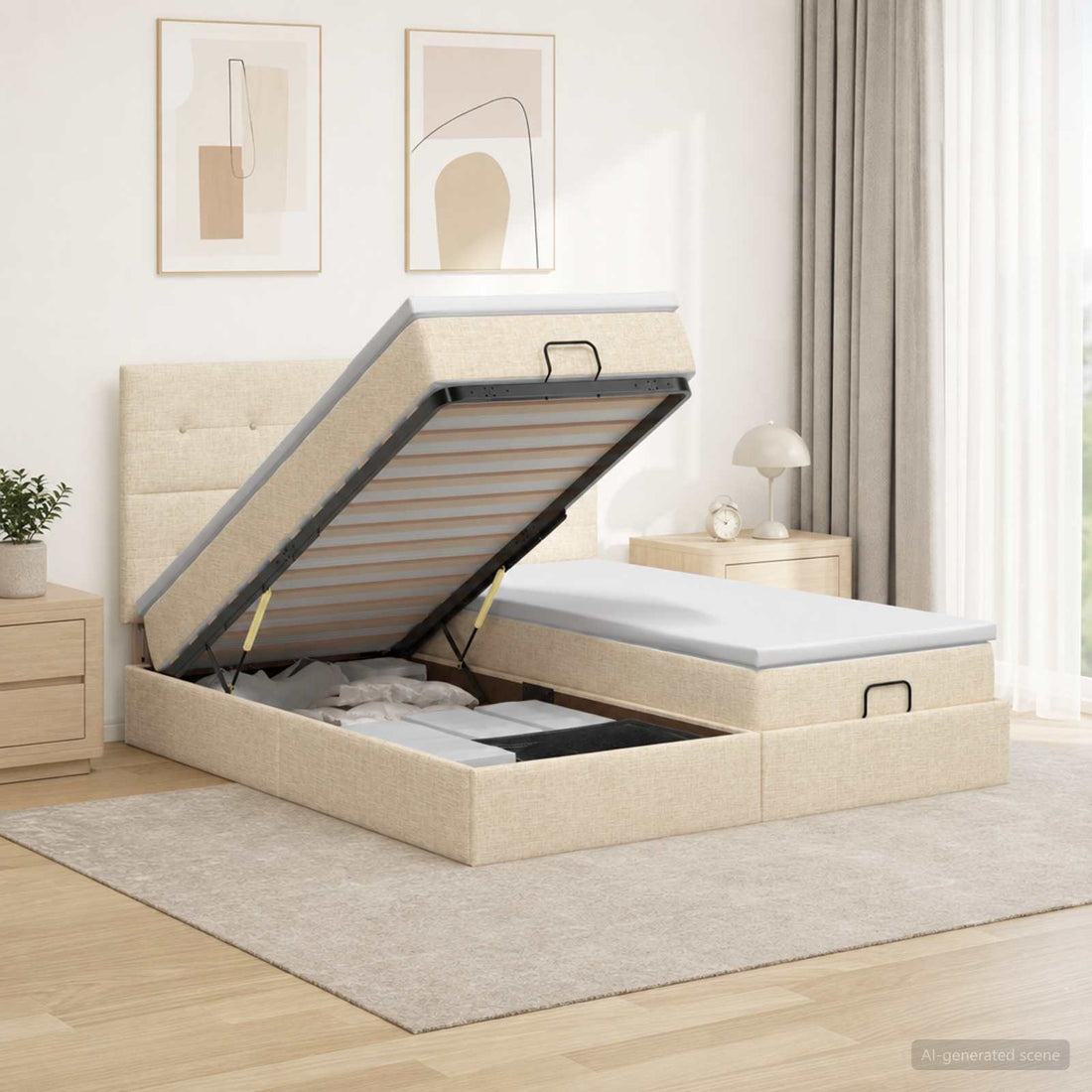 vidaXL Cama otomana con colchón con cabecera 2 uds. Crema Tela