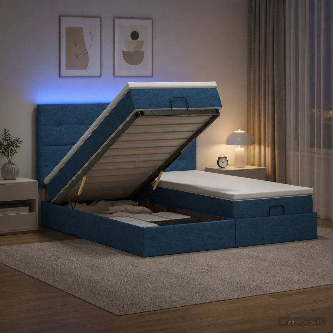 vidaXL Cama tipo otomana con colchón y LED Azul 200 x 200 cm Tela