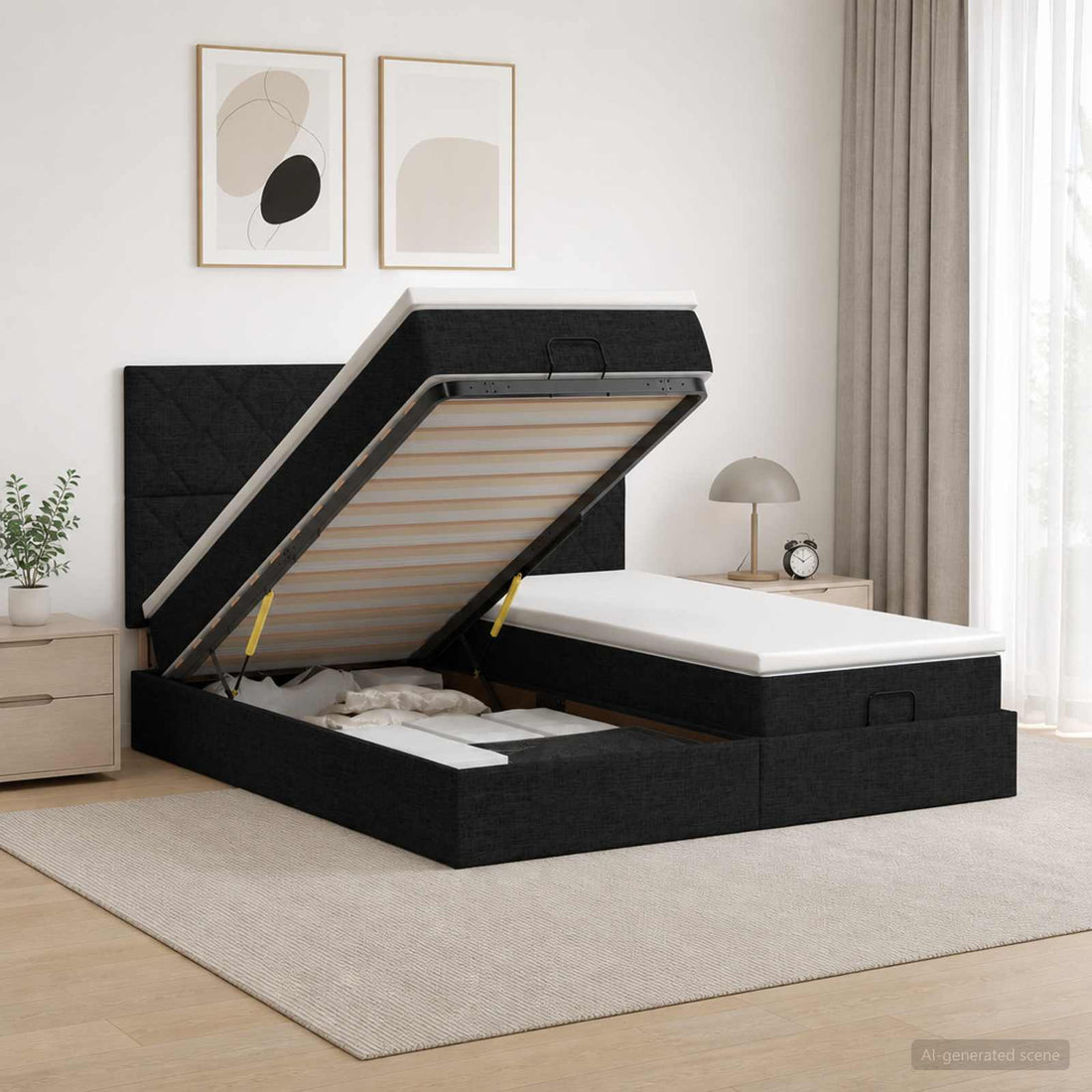 vidaXL Cama otomana con colchón con cabecera 2 uds. Negro Tela