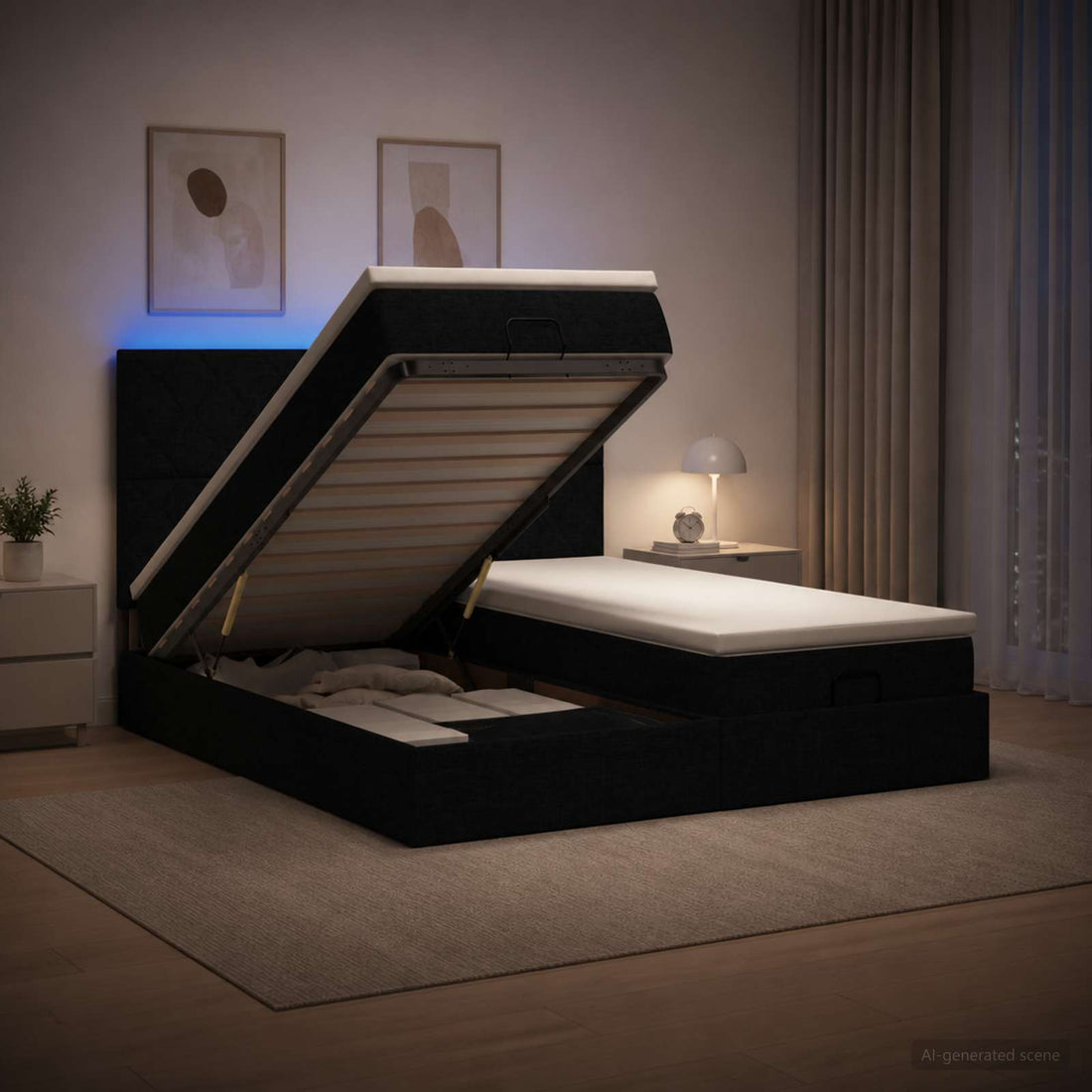 vidaXL Cama tipo otomana con colchón y LED Negro 160 x 200 cm Tela