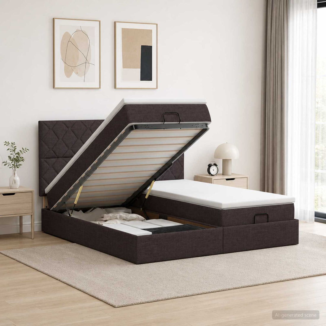 vidaXL Cama otomana con colchón con cabecera 2 uds. Marrón Oscuro Tela