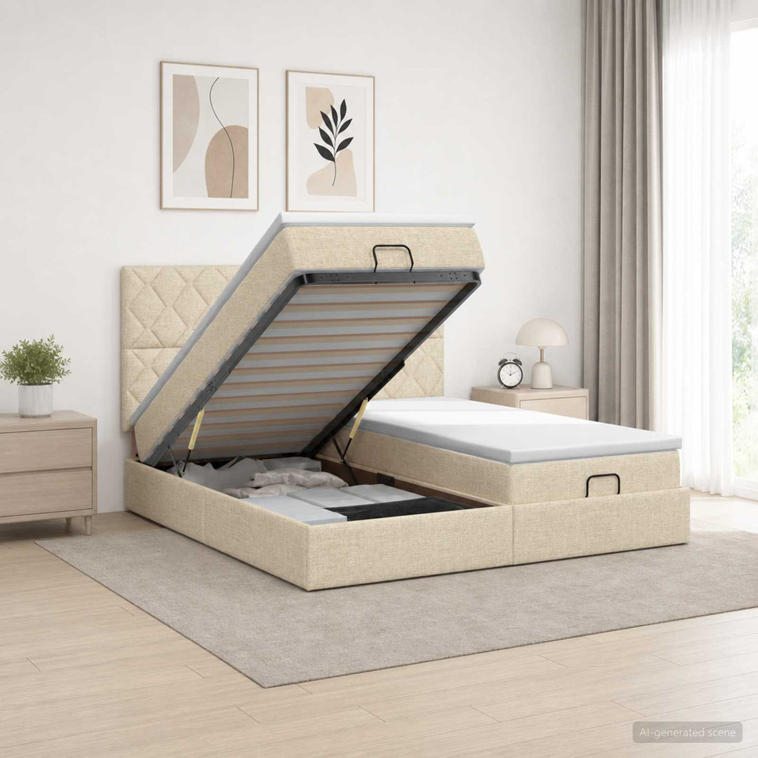 vidaXL Cama otomana con colchón con cabecera 2 uds. Crema Tela