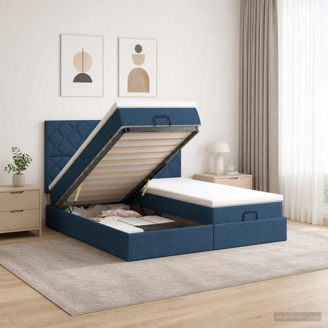 vidaXL Cama otomana con colchón con cabecera 2 uds. Azul Tela