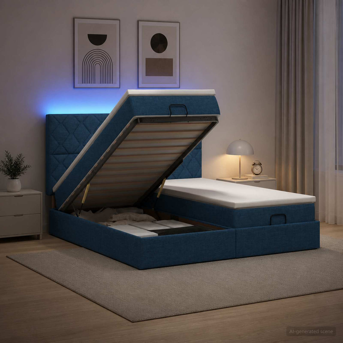 vidaXL Cama tipo otomana con colchón y LED Azul 200 x 200 cm Tela
