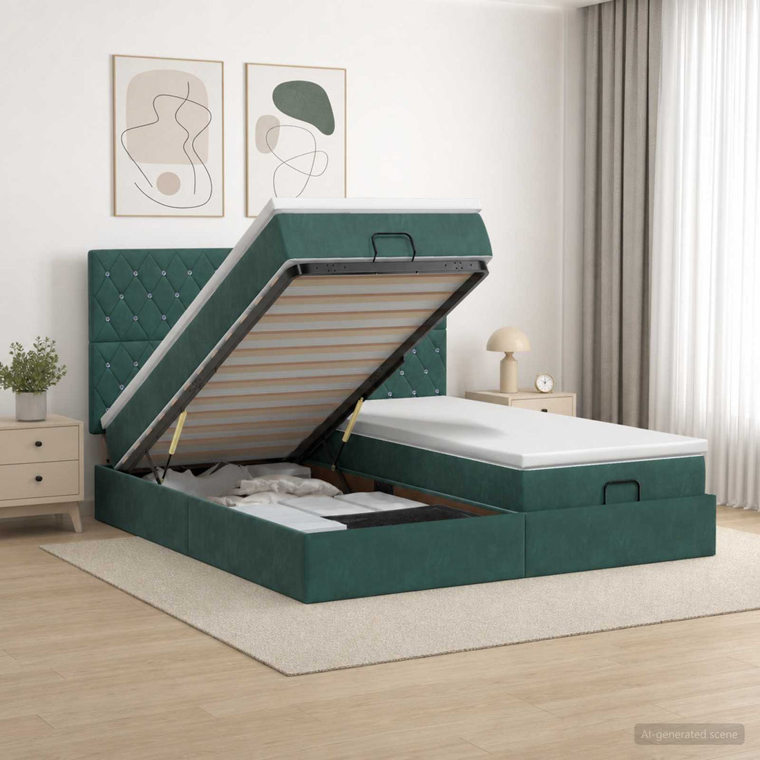 vidaXL Cama tipo otomana con colchón y LED Verde oscuro 200 x 200 cm
