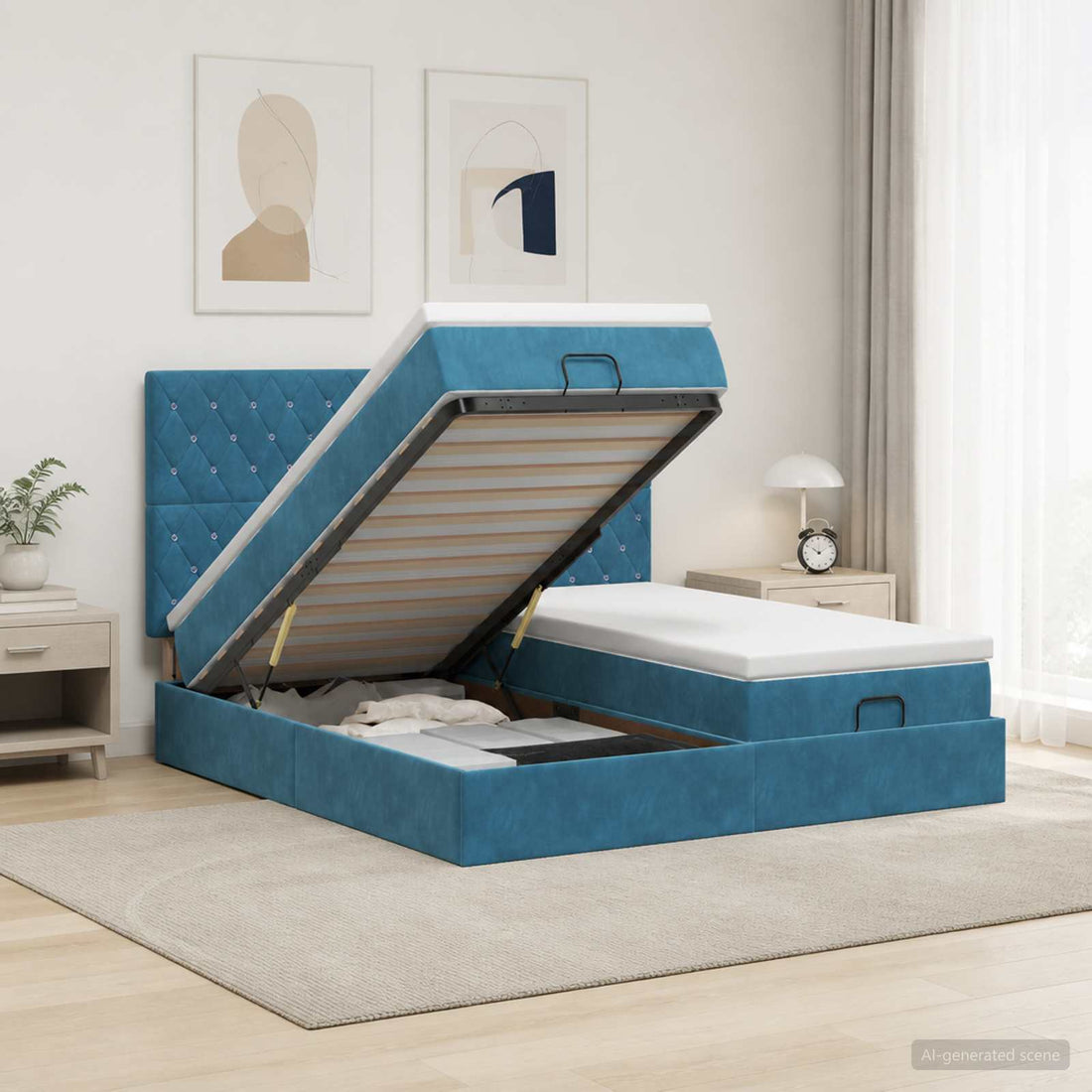 vidaXL Cama tipo otomana con colchón y LED Azul oscuro 180 x 200 cm