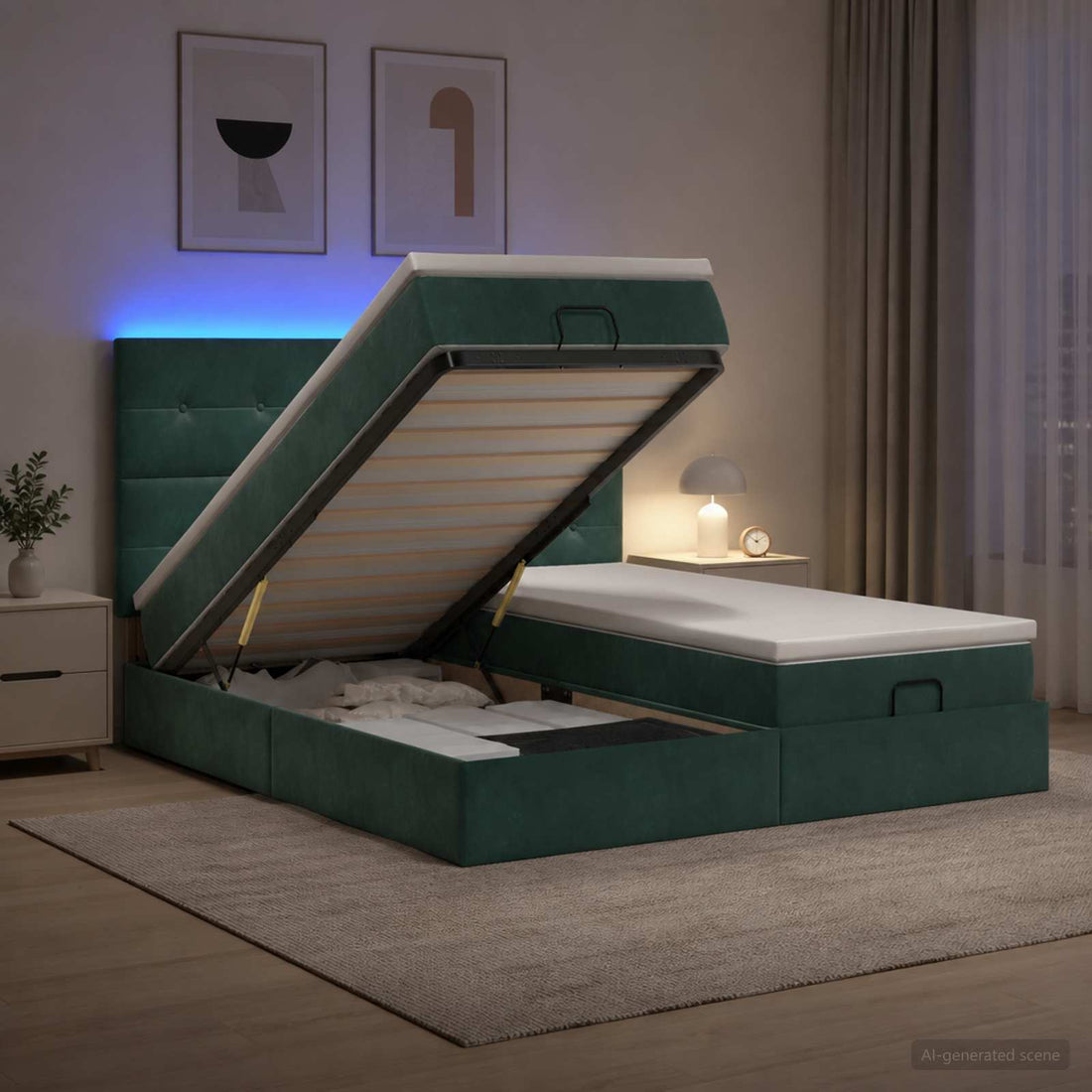 vidaXL Cama tipo otomana con colchón y LED Verde oscuro 180 x 200 cm