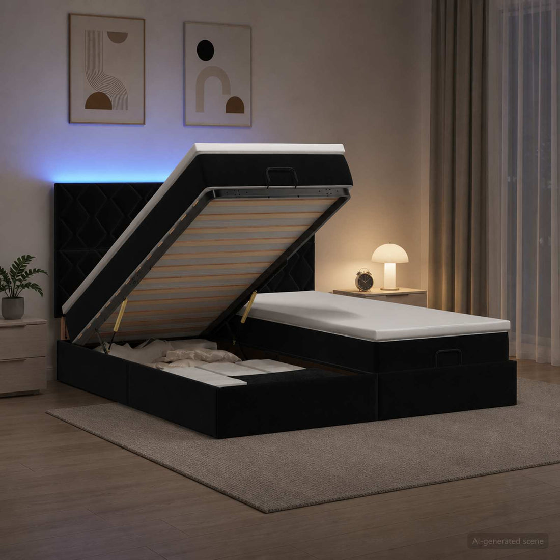 vidaXL Cama tipo otomana con colchón y LED Negro 160 x 200 cm