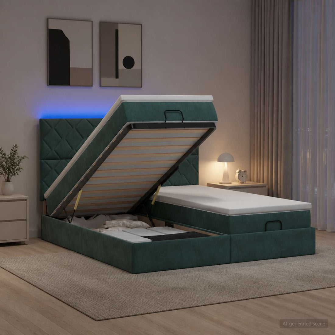 vidaXL Cama tipo otomana con colchón y LED Verde oscuro 200 x 200 cm
